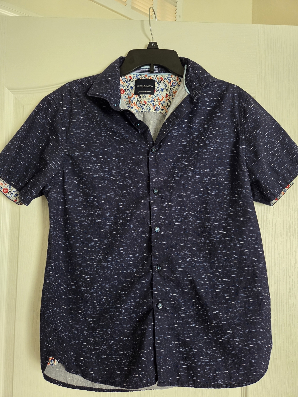 Denim & Flower Navy Speckled Short-Sleeve Button-Down with Floral Trim